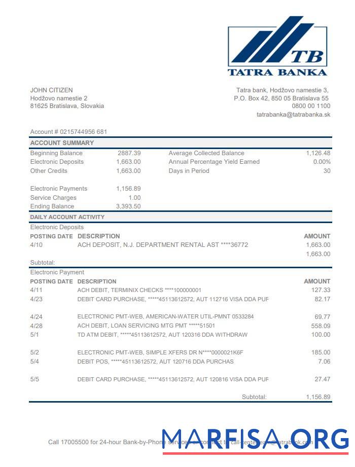 Blank Slovakia Tatra bank statement excel download for verification
